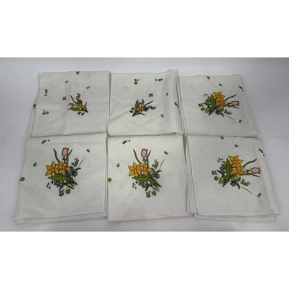 VTG Floral Linen Napkins Set of 6 Cottagecore Table Decor Spring‎ Farmhouse